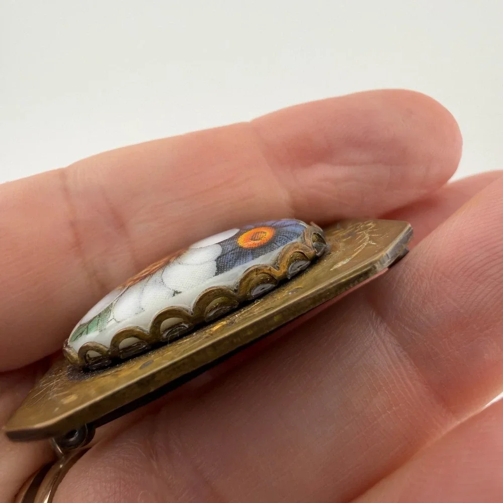 Vintage Antique Brass Porcelain Flower Brooch Pin Hand Painted Victorian Style
